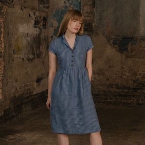 Small Pyne & Smith No. 30 Collared Linen Dress, Blue Georgian Stripe
